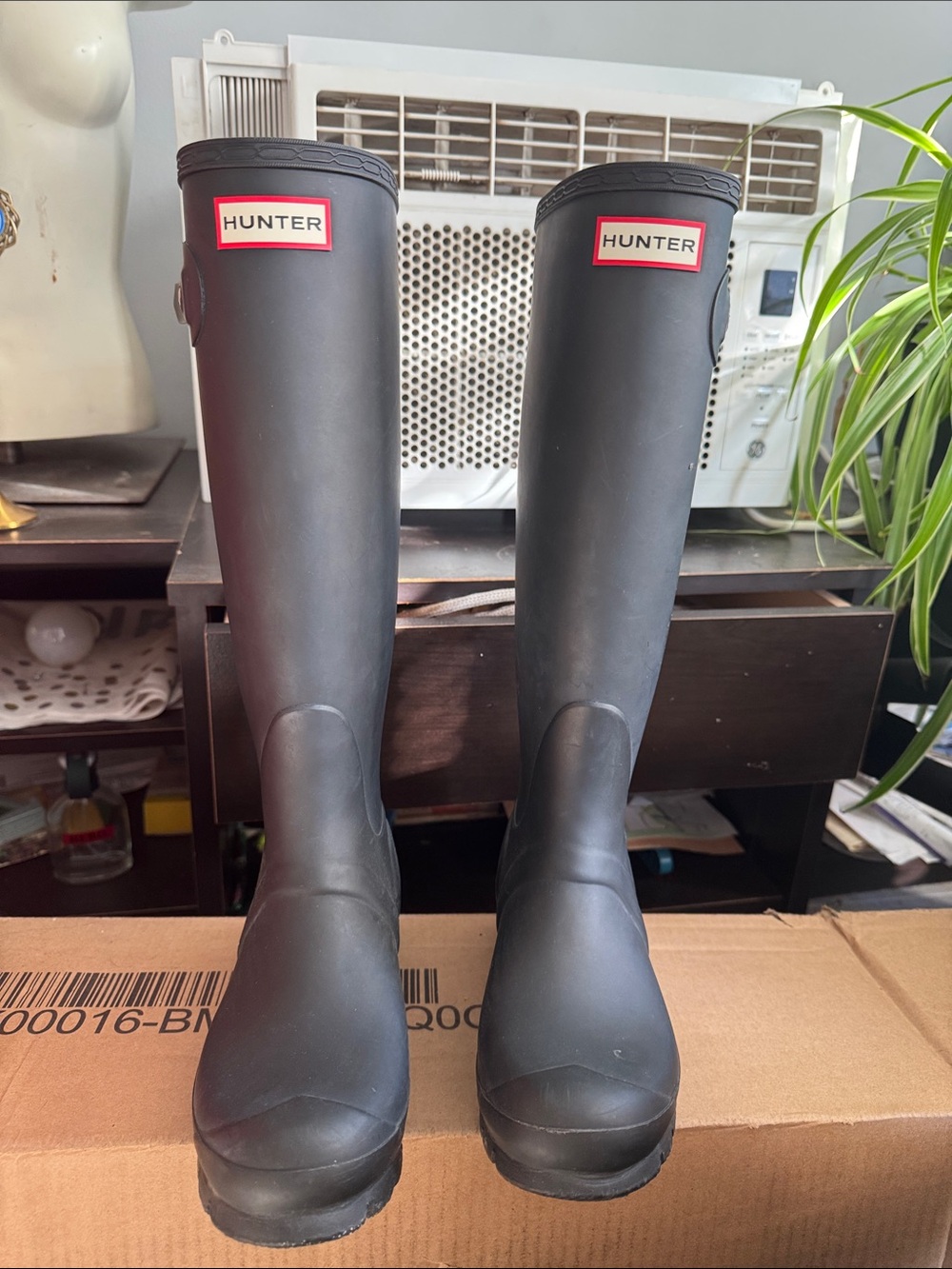 Hunter Matte Black Tall Rain Boots with Red Logo Trim